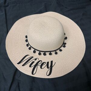 Wide-Brim Straw Sun Hat “Wifey” Script Black Pom Trim